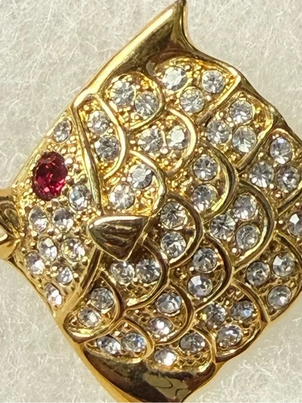 Gold-Tone Fish Brooch Rhinestone Pave Pin - Clear and Red Accents